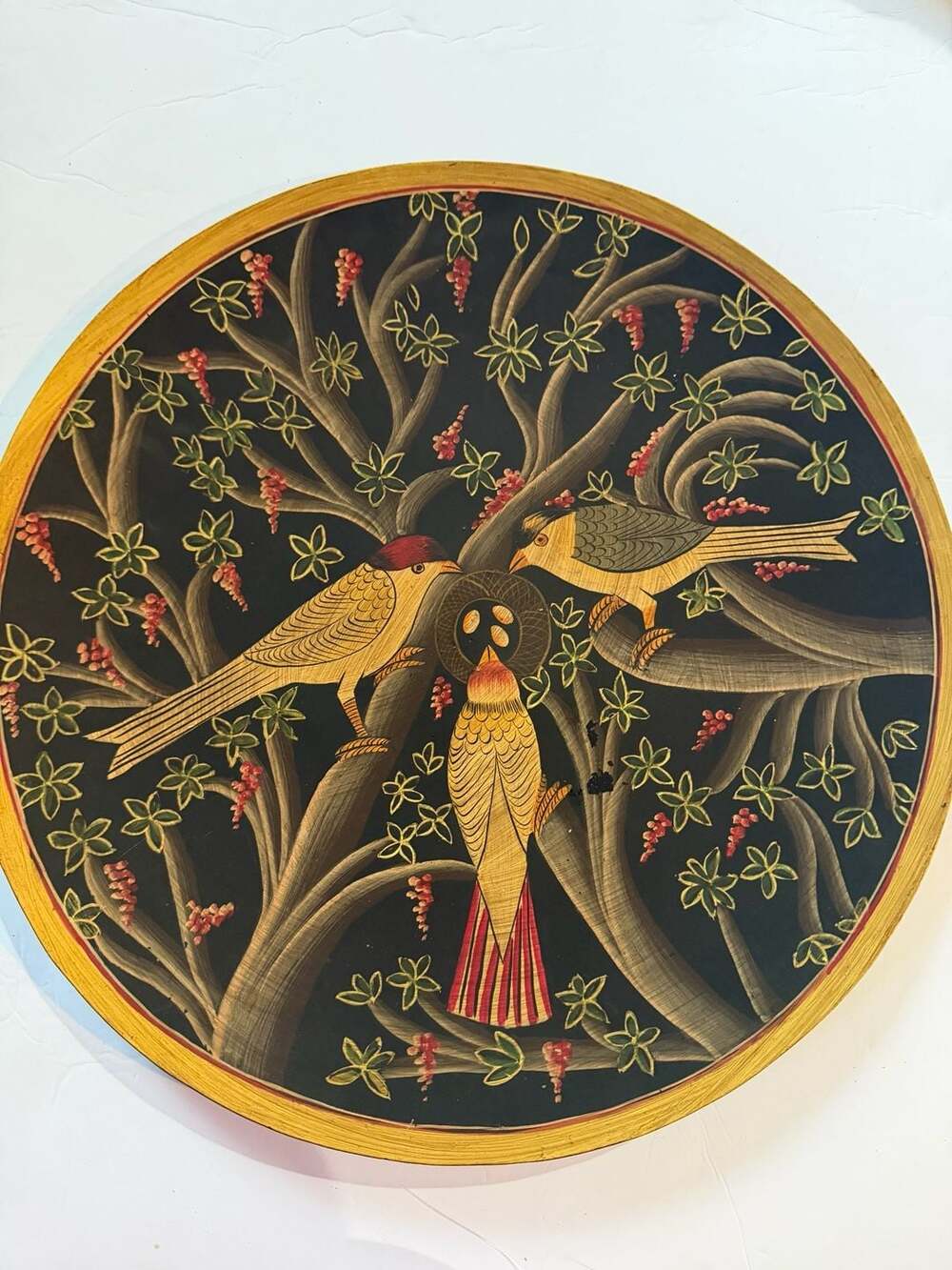 Vintage Hand-Painted Metal Decorative Tray with Bird and Blossom Motif